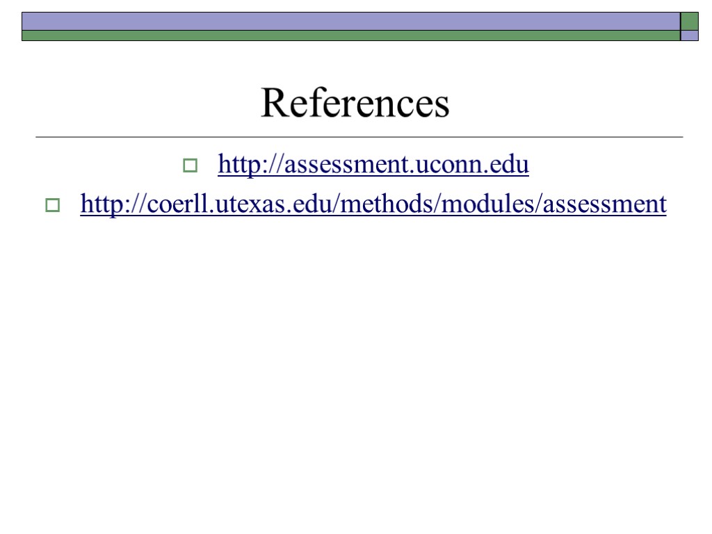 References http://assessment.uconn.edu http://coerll.utexas.edu/methods/modules/assessment